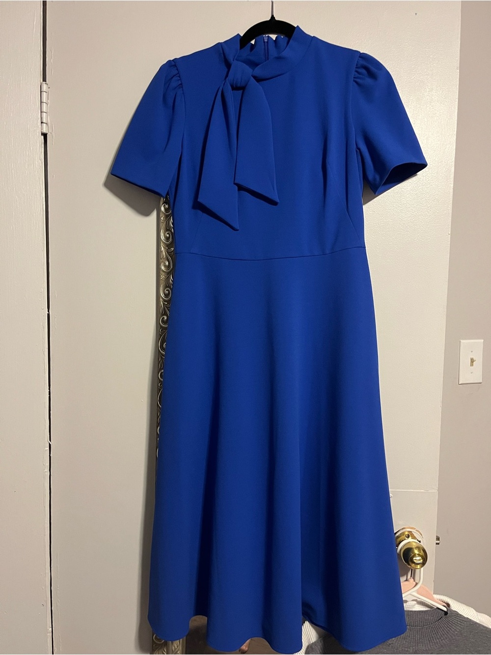 Classic Cobalt Tie-Neck Midi Dress